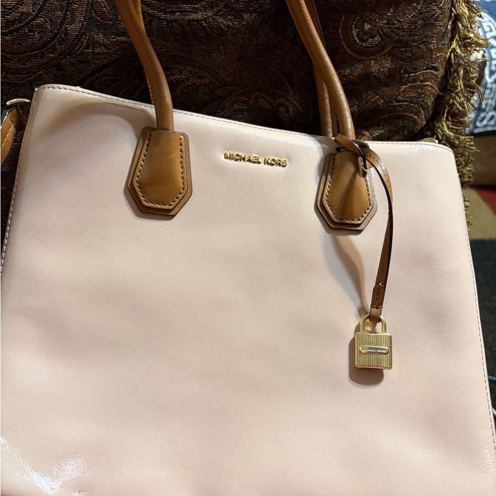 Michael Kors Pink and Brown Leather Tote with Gold Lock Accent
